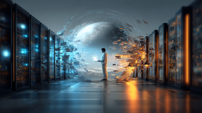 Centro de procesamiento de datos, lleno de servidores y luces