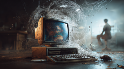 Ordenador antiguo, lleno de polvo y telarañas