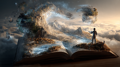 Libro abierto en el que se muestra un paisaje de fantasía