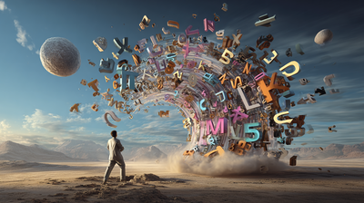 Letras aleatorias de gran tamaño flotando en el cielo de un mundo imaginario