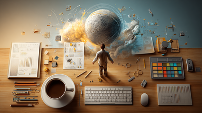 Escritorio con una taza de café, un porter publicitario y numerosos accesorios de oficina