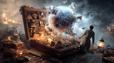 Caja mágica en un entorno de fantasía, llena de ideas e imaginación