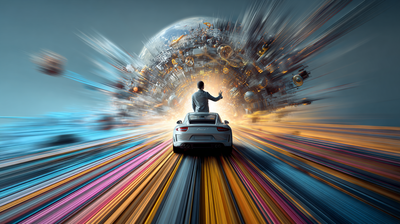 Coche circulando a toda velocidad por una carretera multicolor