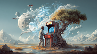 Máquina de arcade en un paisaje de fantasía