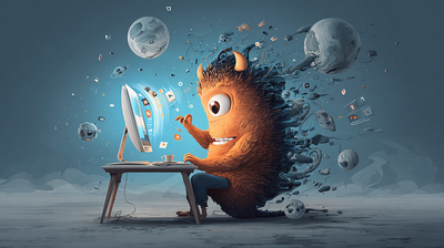 Pequeño dibujo animado con forma de monstruo, delante de un ordenador