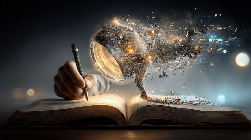 Mano escribiendo texto en un libro abierto