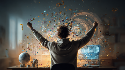 Hombre celebrando su éxito delante de su ordenador portátil