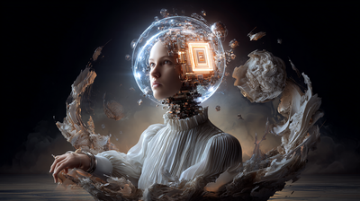 Busto de una mujer cuyo cerebro ha sido reemplazado por un ordenador