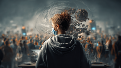 Hombre con el rostro oculto por una máscara y dando la espalda a una multitud