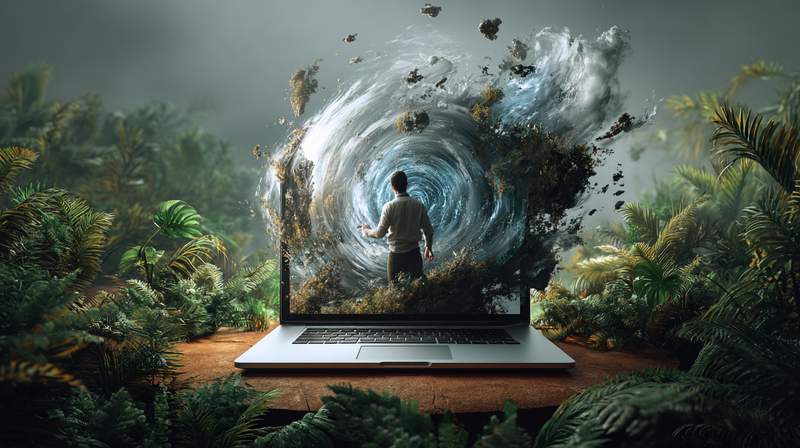 Un ordenador en mitad de la jungla y mostrando imágenes de naturaleza