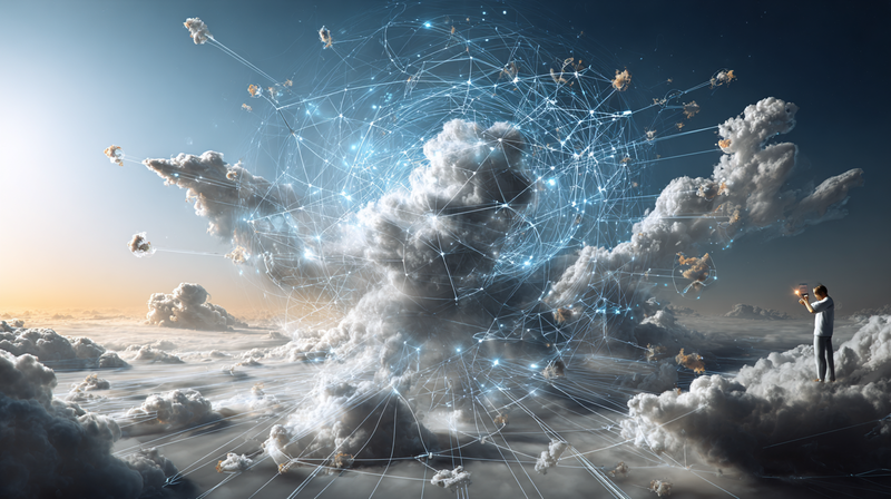 Cielo con nubes, interconectadas mediante líneas de flujo y un diagrama de red