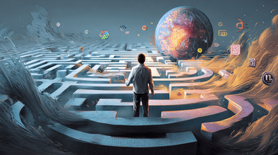 Hombre en el interior de un laberinto intentando elegir el camino correcto