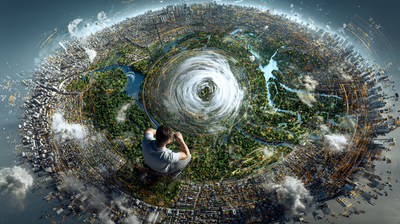 Ciudad urbanizada en torno al planeta tierra, con gran respeto de las zonas verdes y la naturaleza