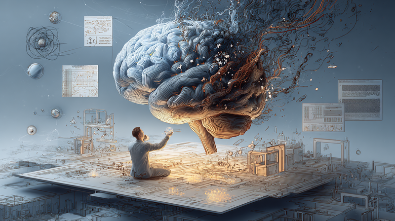 Diagrama de un cerebro desglosando y organizando sus pensamientos