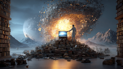 Una montaña de libros en el centro de una biblioteca