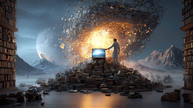 Una montaña de libros en el centro de una biblioteca