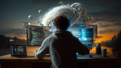 Desarrollador web programando con una doble pantalla en un entorno de baja iluminación