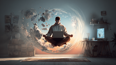 Hombre levitando en mitad de la habitación mientras usa su ordenador portátil