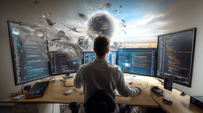 Desarrollador trabajando en una oficina con multiples pantallas y accesorios