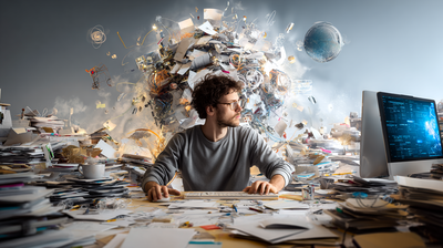 Desarrollador web sentado en su escritorio y abrumado por una cantidad enorme de papeles, proyectos, accesorios, etc...
