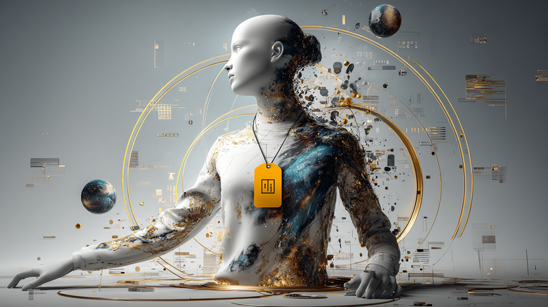 Maniquí humano con una etiqueta de su marca personal