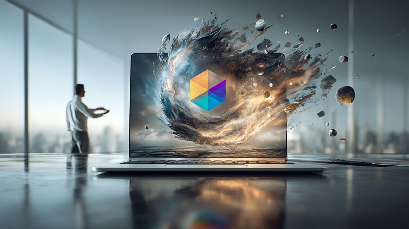 Ordenador portátil en una mesa de oficina mostrando una imagen loca en su pantalla