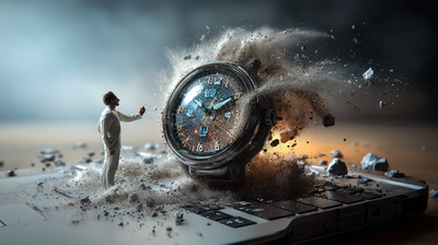 Un reloj de arena digital desmoronándose sobre la pantalla de un portátil