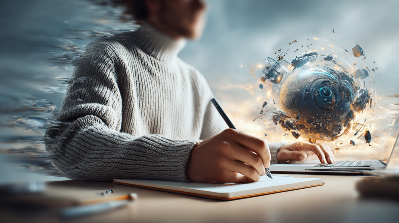 Una persona escribiendo en un portátil mientras a su lado una inteligencia artificial genera texto en una pantalla