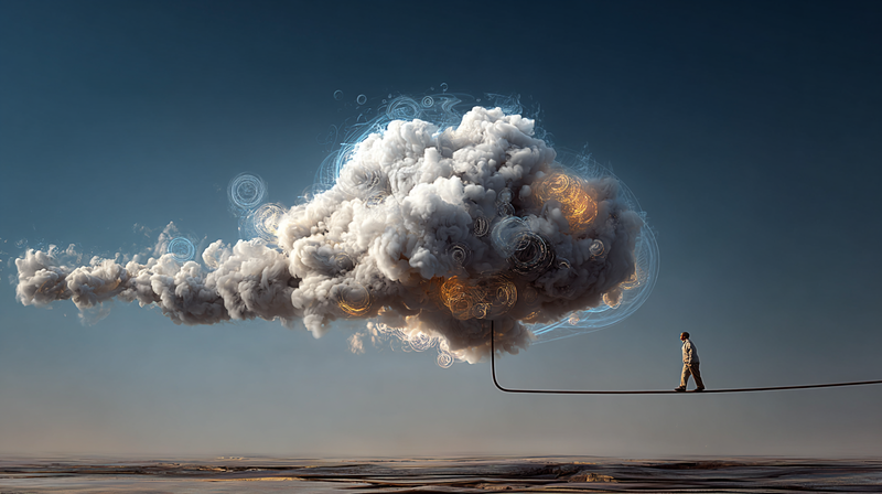 Una nube digital formada por humo de chimeneas industriales conectada a un cable de red