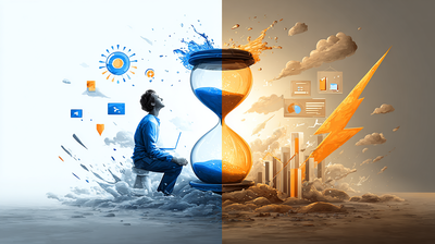 Dos caminos divergentes, uno con un reloj de arena y otro con una flecha ascendente