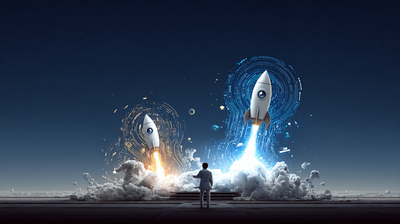 Dos cohetes minimalistas despegando lado a lado desde una plataforma de lanzamiento