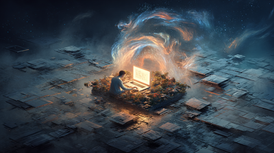 Una web artesanal flotando independiente en un paisaje digital, con grandes plataformas corporativas al fondo